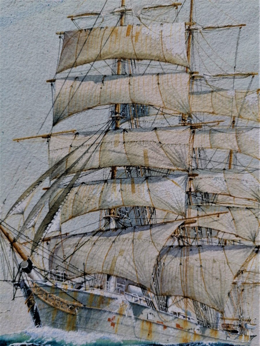 John A. Stewart - English School - Born In 1941 - Navy - Vessel Trois Mats - Gouache --photo-3