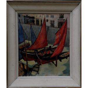 Oil On Canvas - Fishing Port - Signature - Circa 1949 -