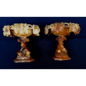 Pair Of Alabaster Cups - Vine Branches - Period XIX Eme -