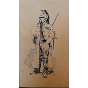 Pen Drawing - Portrait Of A Cavalry Cuirassier Soldier - R. Person - XIX Or Early XX