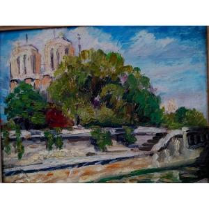 Huile Sur Carton - Notre Dame De Paris - Post Impressionniste - XX Eme Siècle -