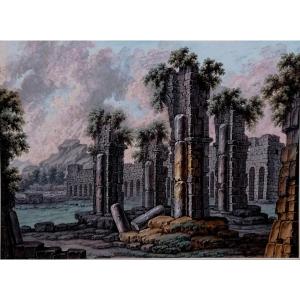 Gouache - Ruins - Late 18th Century - Carved Wood Frame - 46 X 63 Cm In Sight -