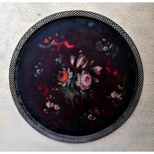 Painted Tole Tray - 17th Century Style Bouquet - Napoleon III - 60 Cm -