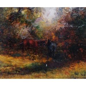 Huile Sur Bois - Paysage aux Chevaux - Barbizon - XIXème Siècle - 