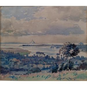 Watercolor - Guillaume Desgranges - View Of The Bay Of Mont Saint Michel - 20th Century -