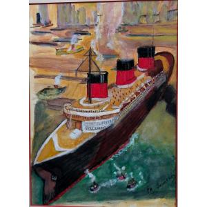 Liner The Normandie In New York - Gouache And Aquarelle - Ph. Laurenis? - Circa 1940 -