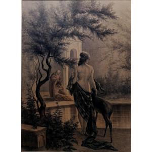 Drawing - Graphite And Charcoal - Young Woman With Antelope - French Orientalist School - 20th Century -