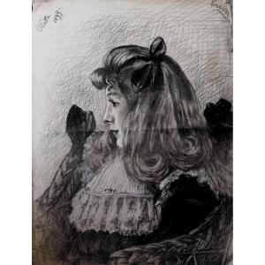 Dessin - Fusain et Graphite - Portrait d'une Jeune Fille - Circa 1899 -