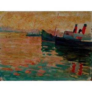 Huile sur Toile - Marine - Touche Post Impressionniste - Fin XIXème - Début XXème - Port -