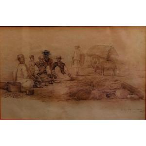 Watercolor And Ink Wash - Victor Rasoanaivo - 1929 - Malagasy School - Animated Village Scene