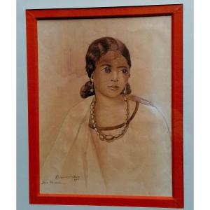 Aquarelle - Lavis - Victor RASOANAIVO 1929 - Portrait d'une Jeune Femme HOVA - Madagascar -