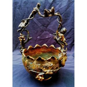 Basket - Bronze And Gilded Brass - Silvered - Enameled - Naturalist - 19th Century - Japanese - Vine 