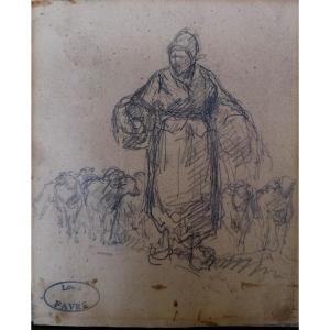 Louis Favre 1822-1904 - Drawing - Swiss School - Sketch - Farmer And Her Flock - 19th Century -