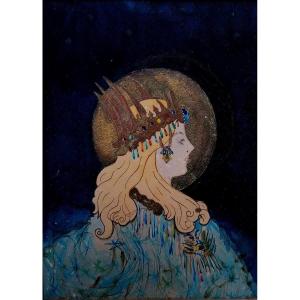 Ecole Symboliste Art Nouveau - Aquarelle - Encre et Or - Epoque 1900 - Portrait -