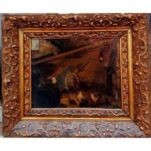 Charles Emile Jacque - Farmyard Scene In A Stable - Oil On Cardboard - 19th Century -