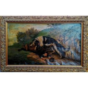 Gaston Barat 1883 - Chien Terrassant un Loup pour Sauver un Enfant - Huile sur Toile -