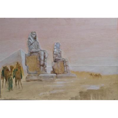 Aquarelle - Francesco Longo Mancini - Orientaliste - Egypte - Colosses De Memnon -