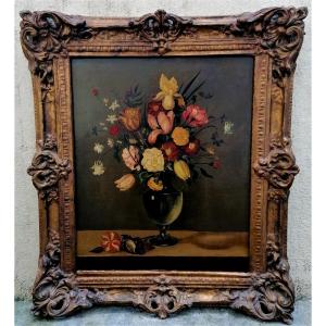 Oil On Canvas - Still Life With Flowers And Seashell - Period Late XIXth Century -