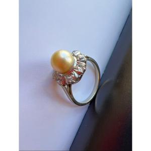 Proantic: Bague Perle Et Diamants Taille Ancienne - Or Jaune Et Plati