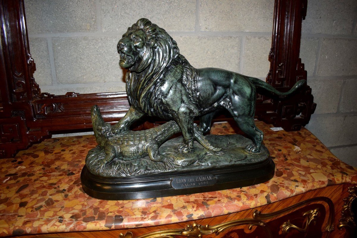 Grande Sculpture En Bronze "lion Terrassant Un Crocodile"-photo-1