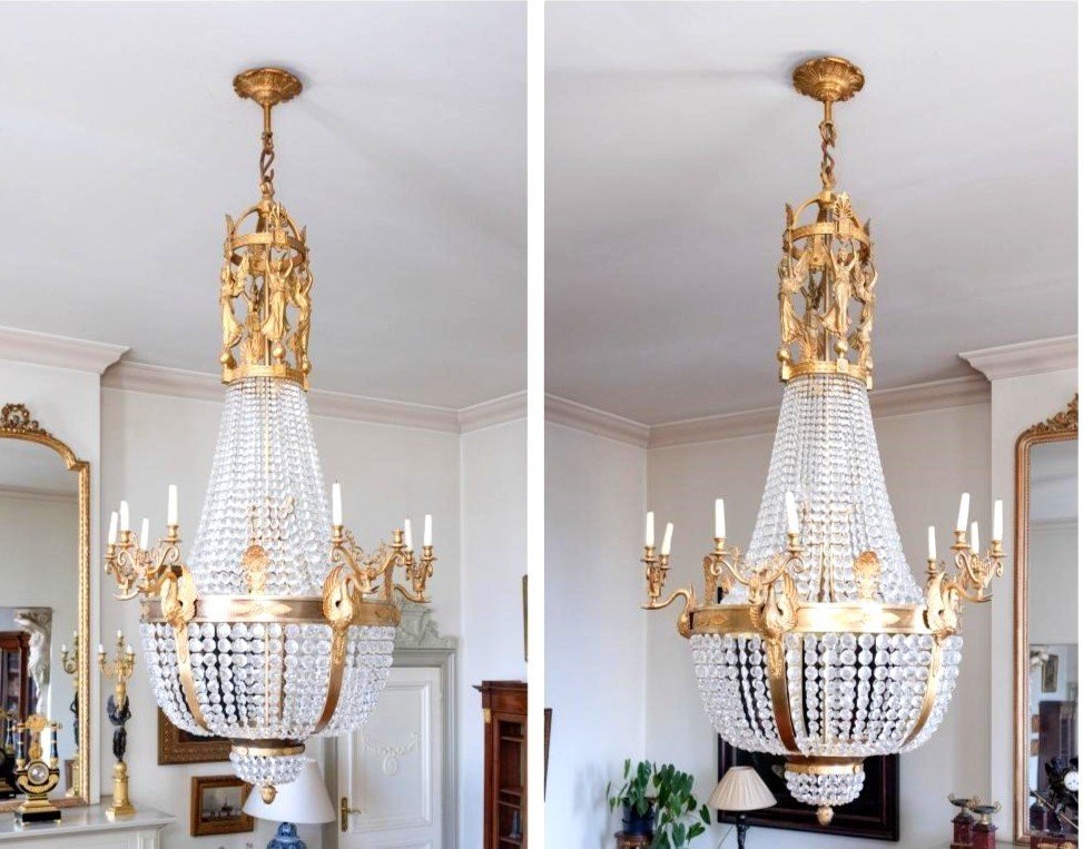 Pair Of Palatial Size Bronze And Crystal Chandeliers