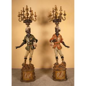 Pair Of Nubians In Polychrome Wood 