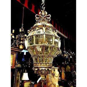 Gigantic Castle Lantern In Gilt Bronze.