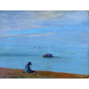 Impressionist School, Woman On The Edge Of A Cliff By Jules Mignon