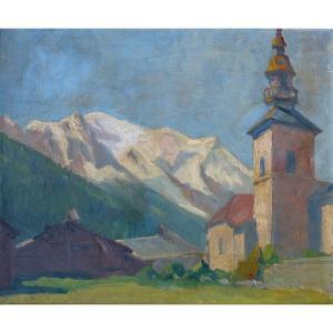 Eglise d'Argentière Devant Le Mont-blanc Circa 1930