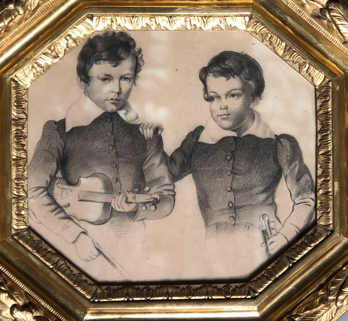 Drawing: Two Children Musicians With Violins, Louis-philippe Period-photo-1