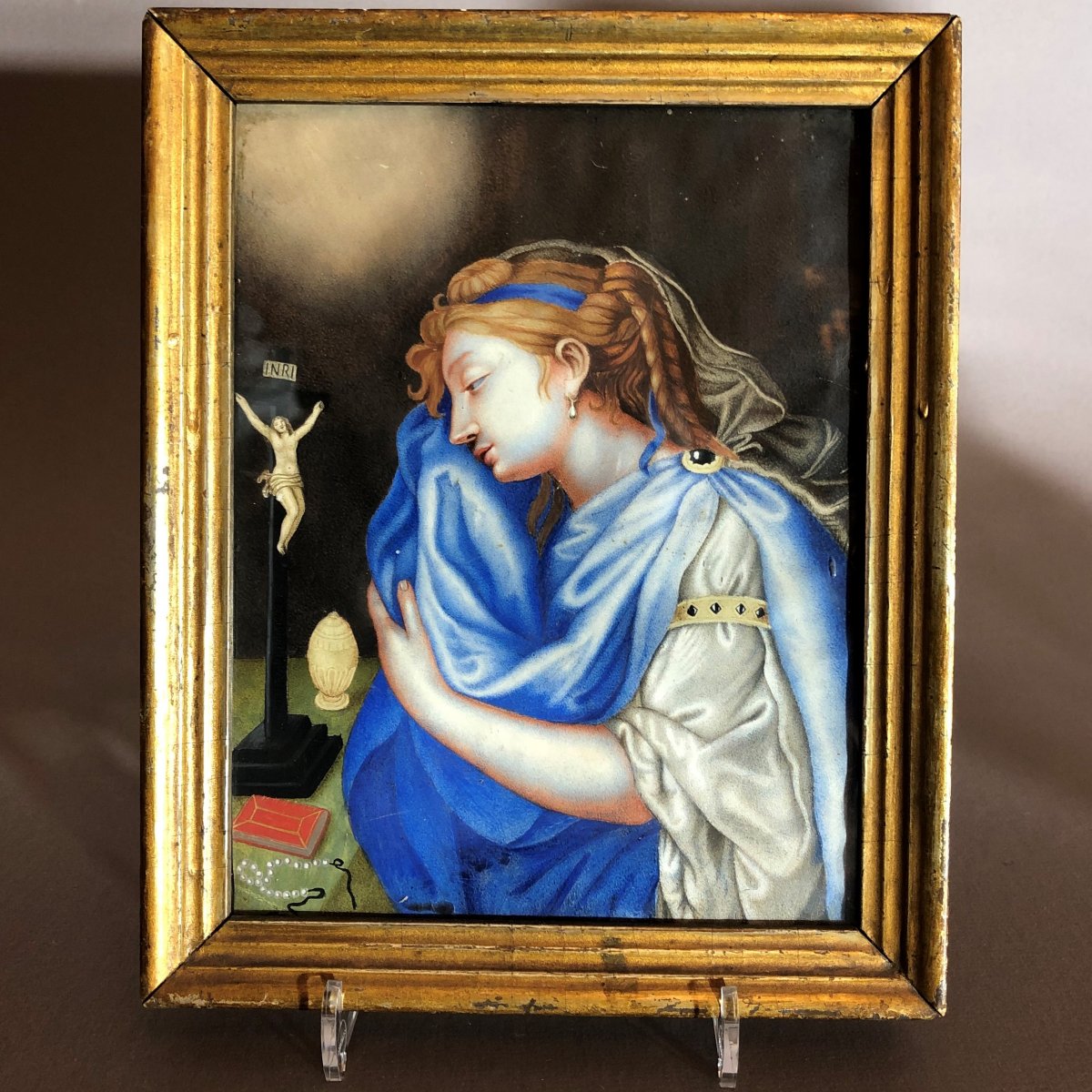 French School: '' Marie-madeleine Repentante '' Gouache On Vellum, 18th Century.-photo-3