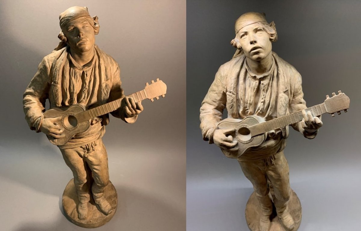 SÈvres: Terracotta Sculpture, Young Man With Guitar, Signed V. Oms-photo-3