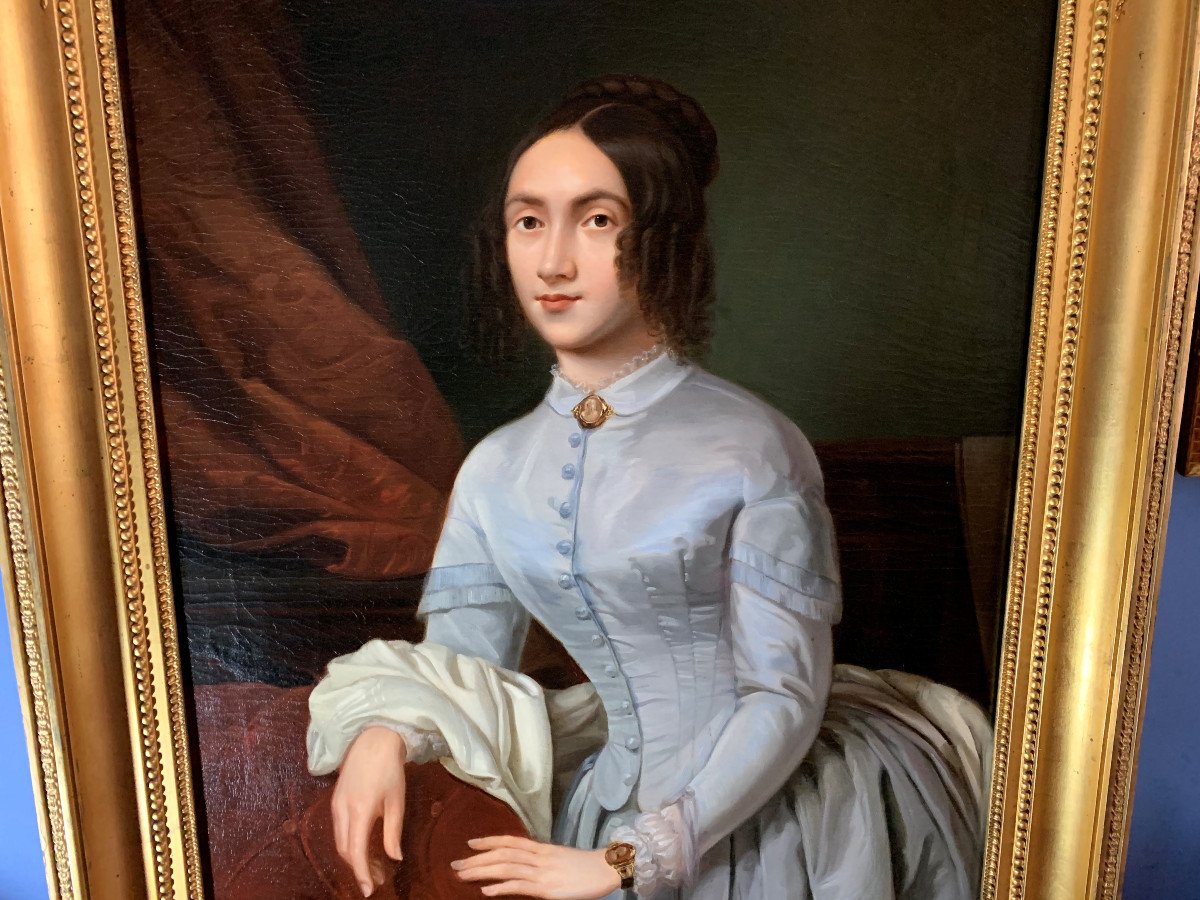 French School: Pretty Young Romantic Woman In Her Interior, Louis-philippe Period-photo-3