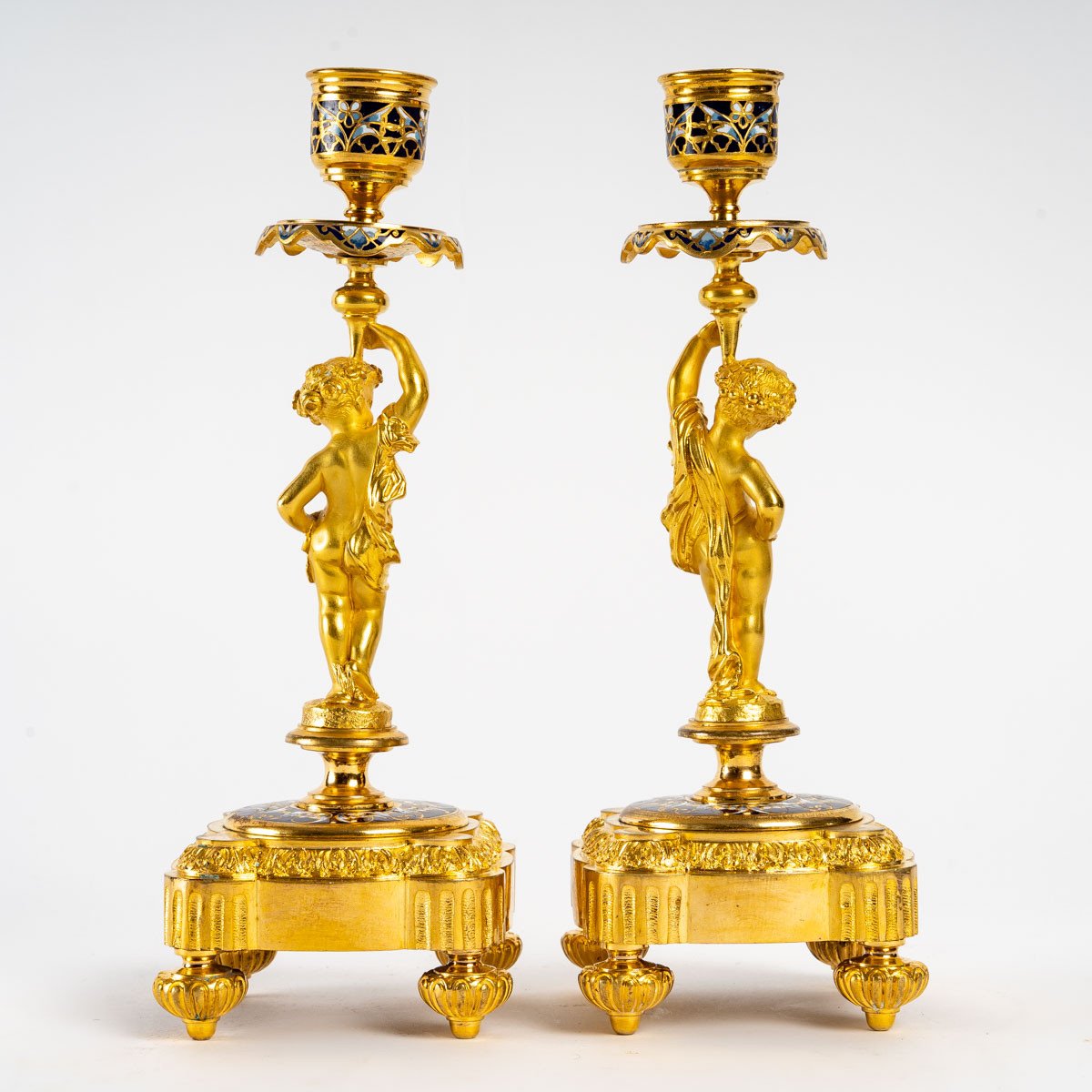 Pair Of Candlesticks With Putti In Gilt And Cloisonné Bronze, Napoleon III Period-photo-2
