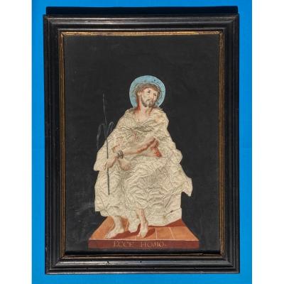 Ecce Homo `` Christ Of Pity '' Popular Gouache On Canivet-style Embossed Paper, Late 18th C.