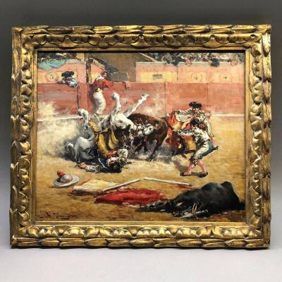 Andres GIMENO : scène de tauromachie : Corrida ''la force du taureau'', vers 1900