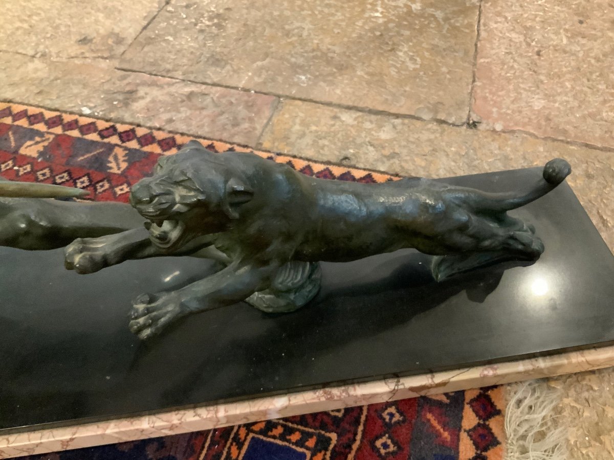 Art Deco Bronze, Hunter Attacking A Panther, Signed Salvator Mélani-photo-3