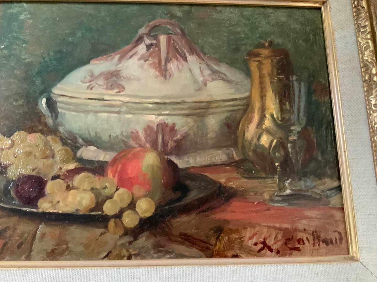 Tableau  .Nature Morte  à La Soupière Signée Alfred Benoit Caillaud 1855- 1940-photo-2