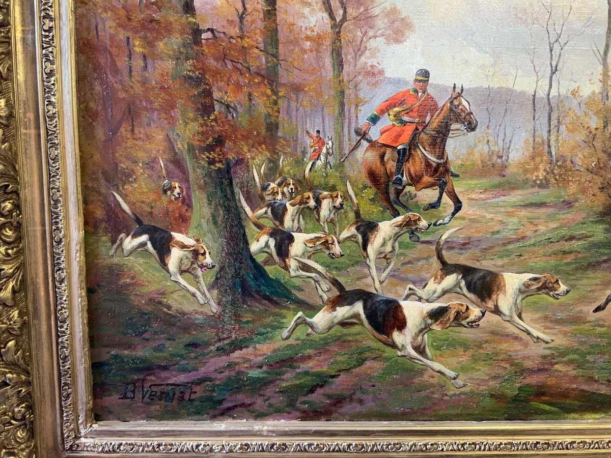 Painting, Hunting Scene, Pursuit Of The Wild Boar. Signed B. Vernat-photo-2