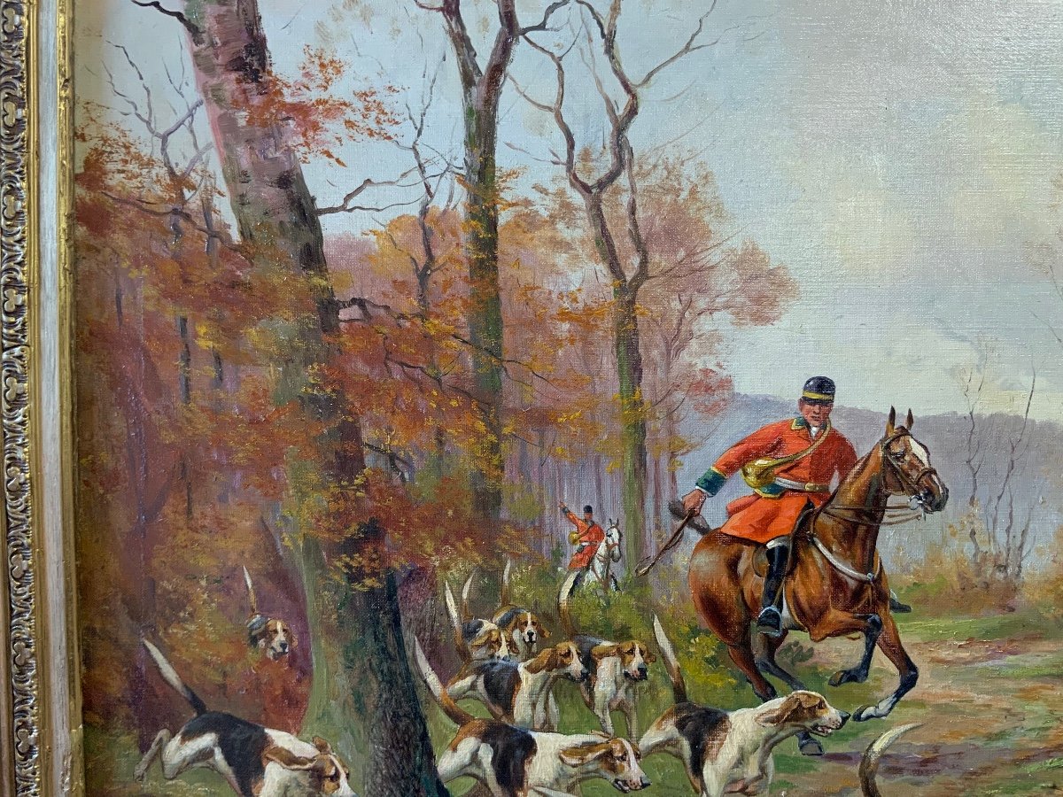 Painting, Hunting Scene, Pursuit Of The Wild Boar. Signed B. Vernat-photo-3