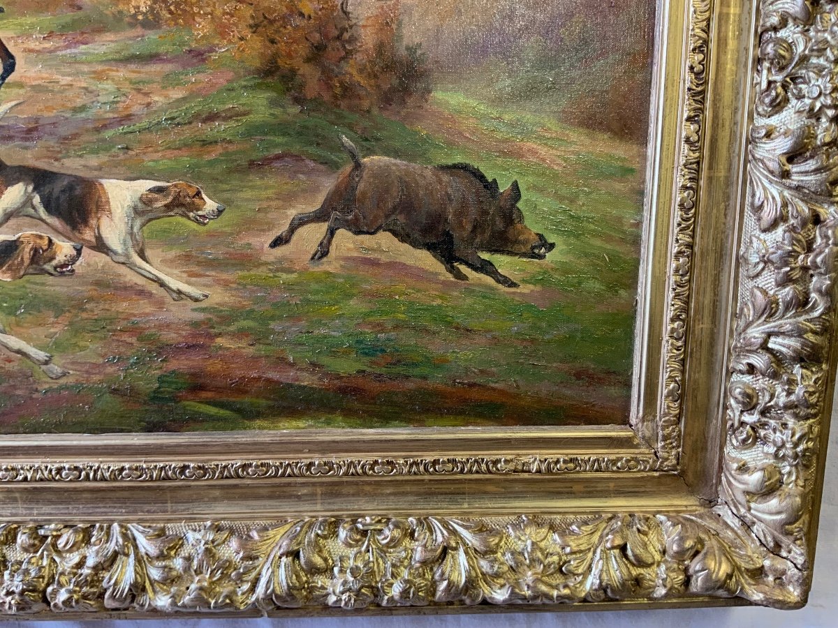 Painting, Hunting Scene, Pursuit Of The Wild Boar. Signed B. Vernat-photo-4