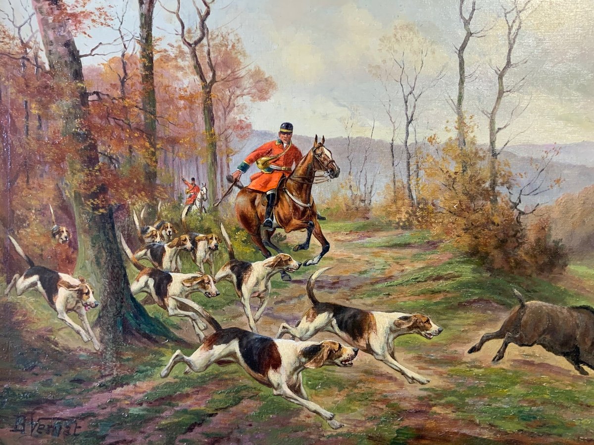 Tableau, Scène De Chasse à Courre  ,La poursuite  Du Sanglier . Signé B. Vernat-photo-1