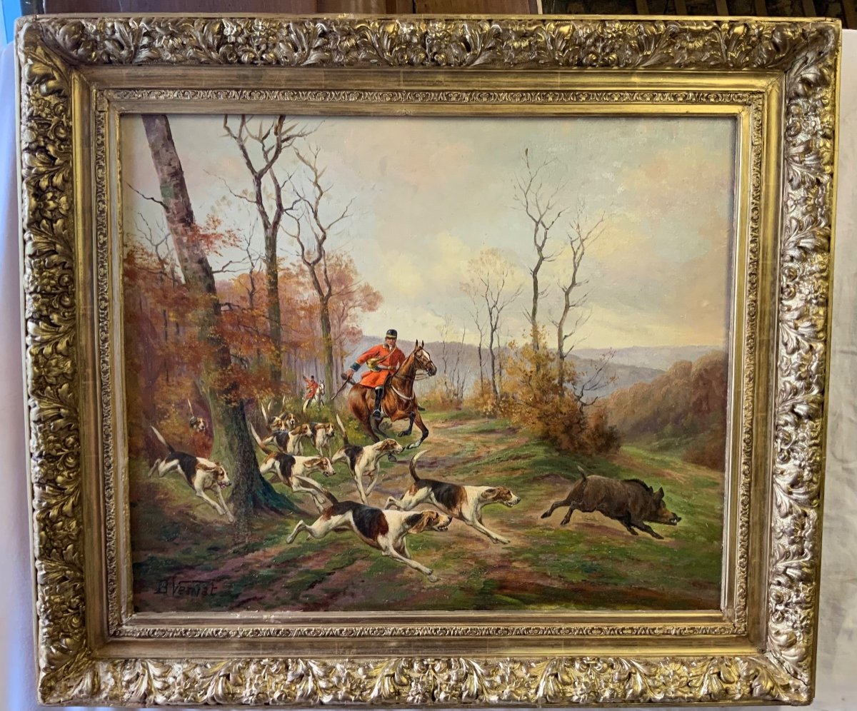 Painting, Hunting Scene, Pursuit Of The Wild Boar. Signed B. Vernat