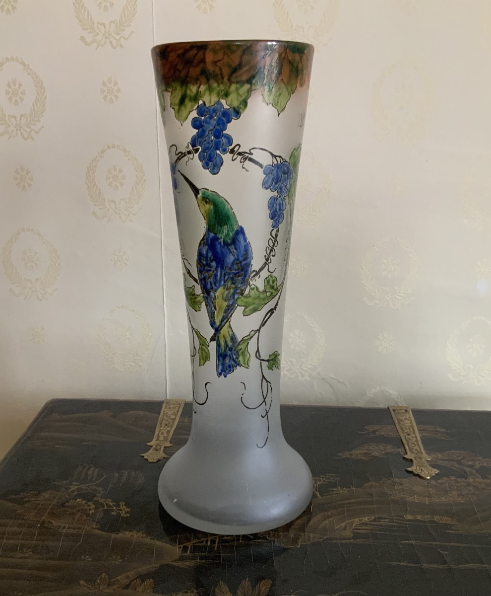  Legras, Large Cornet Vase With Enameled Decoration Of Bird And Grapes