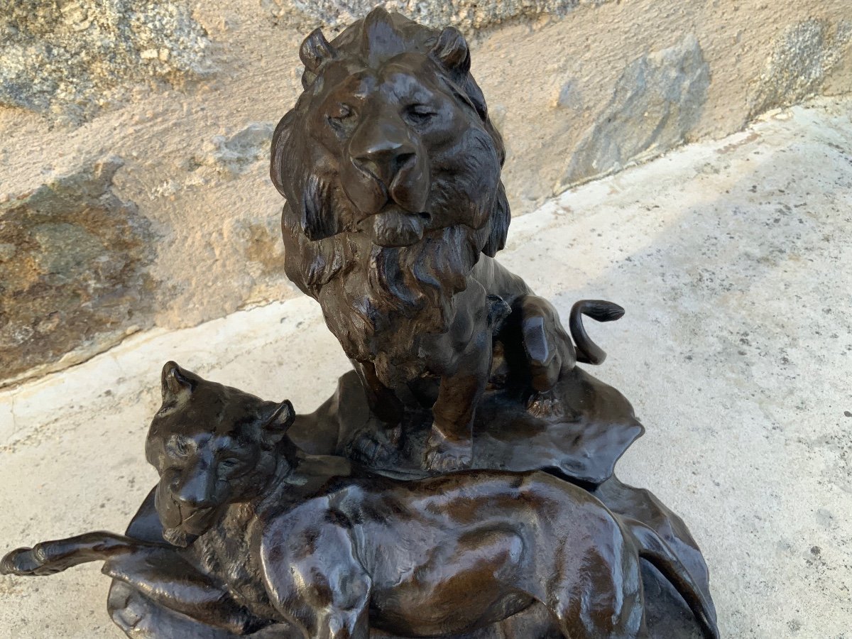 Léon Bureau .lion And Lioness On A Rock-photo-2