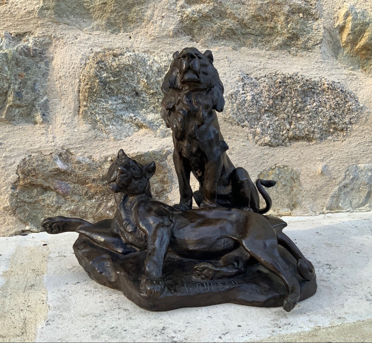 Léon Bureau .lion And Lioness On A Rock-photo-4