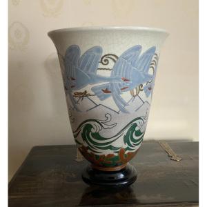 Orchies  Grand Vase  Art - Déco En  Faïence  Craquelée