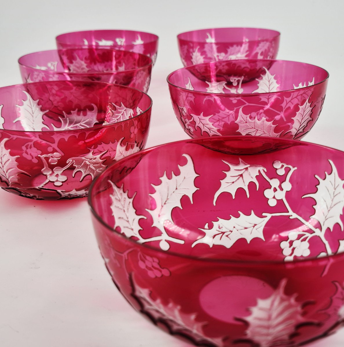 Rare Suite Of 6 Crystal Cups With Holly Decor.-photo-3