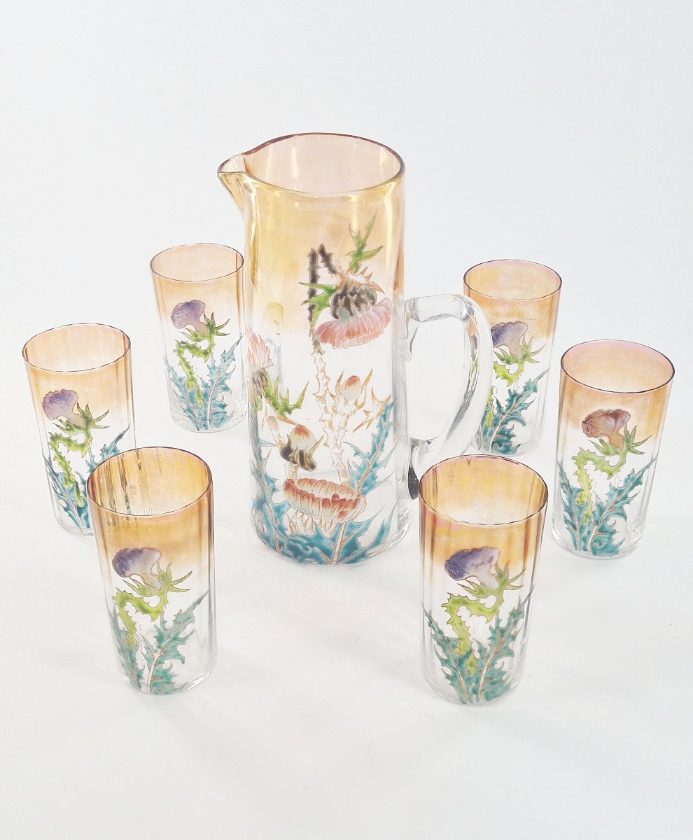 Enameled Glass Lemonade Service With Floral Decoration, Art Nouveau.-photo-2