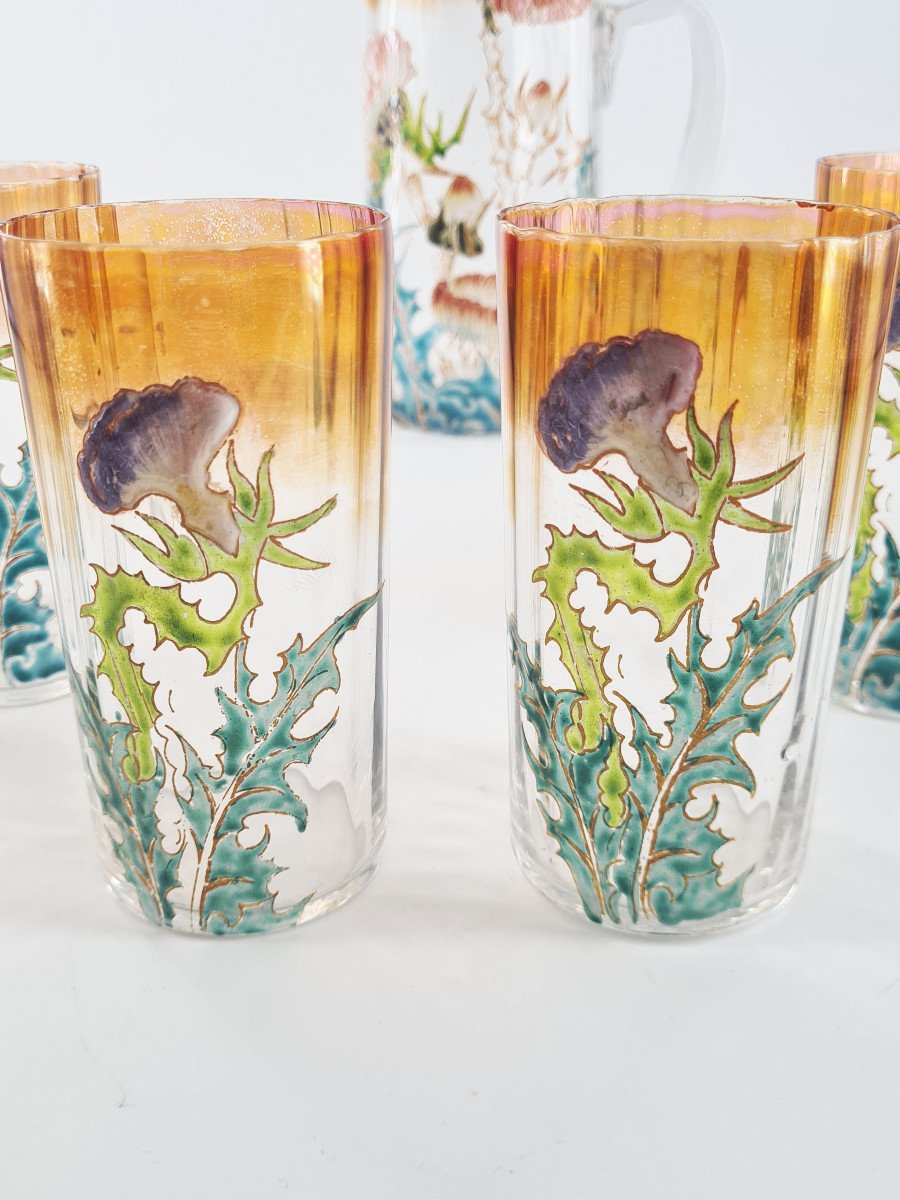 Enameled Glass Lemonade Service With Floral Decoration, Art Nouveau.-photo-4